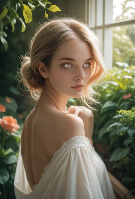 1girl, beautiful face, ((white eyes)), sexy pose, garden in the background, (lightroom:1.13), soft light, (natural skin texture:1.2), (hyperrealism:1.2), sharp focus, focused,[[realistic]]