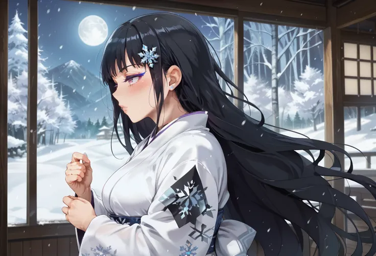 1girl, dynamic pose, upper body, close-up, solo, yuki-onna, very long hair, black hair, straight hair, sidelocks, hair ornament,...