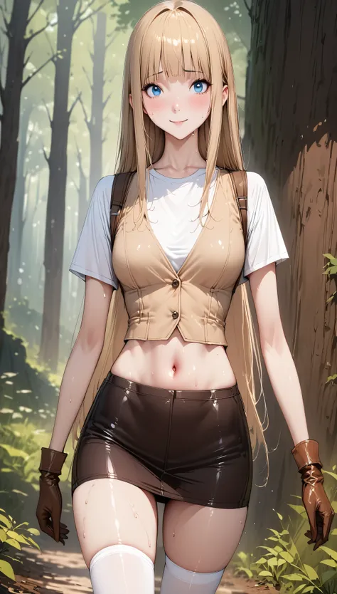 ((masterpiece,Best Quality:1.3,best quality illustrations)),((realistic)),portrait,cowboy shot,1 woman,Female Hunter 、young adult,straight long hair,(Beige hair),(very small head),bangs,blue eyes,(gorgeous big eyes),shy,smile,very long body,medium breasts,...