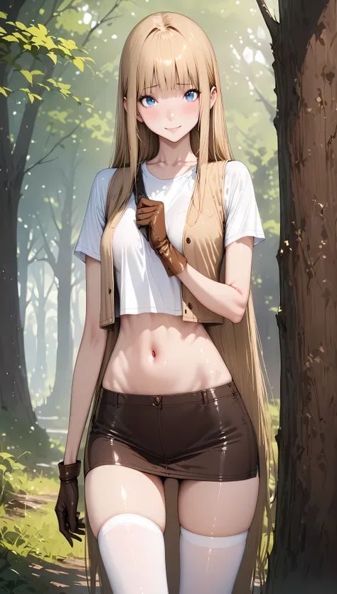 ((masterpiece,Best Quality:1.3,best quality illustrations)),((realistic)),portrait,cowboy shot,1 woman,Female Hunter 、young adult,straight long hair,(Beige hair),(very small head:1.1),bangs,blue eyes,(gorgeous big eyes),shy,smile,very long body,medium brea...