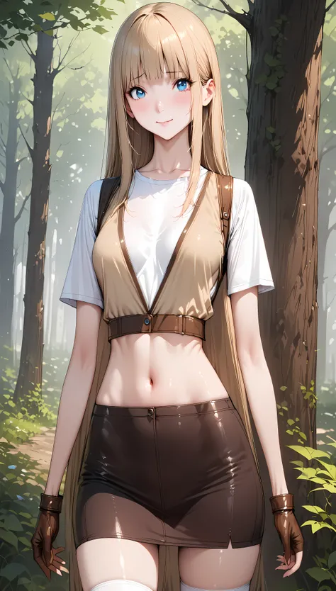 ((masterpiece,Best Quality:1.3,best quality illustrations)),((realistic)),portrait,cowboy shot,1 woman,Female Hunter 、young adult,straight long hair,(Beige hair),(very small head:1.1),bangs,blue eyes,(gorgeous big eyes),shy,smile,very long body,medium brea...