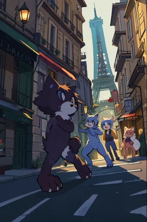 top quality, best quality, High-quality illustrations, masterpiece, super high resolution, detailed background, Streets of Paris, The fountain, boys, girls, absurdres, perfect anatomy, expression, good lighting, cinematic shadow(kemono, furry anthro)assort...