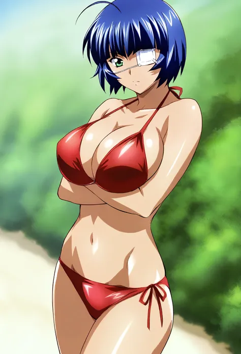 best quality, very aesthetic, absurdres, 1girl, ryomou shimei, ikkitousen,rin-sin(artist), huge breasts, beach, cowboy shot, bik...