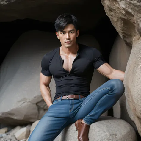 40 years old,One Man,、Muscular、chest hair、Slim jeans、In front of the cave ,Perched on a rock 、 Black Hair 。 very short hair all back hair、Handsome fighter　Asian Face　Stubble、 pants with bulging crotches 　Menacing look　 upper body close-up