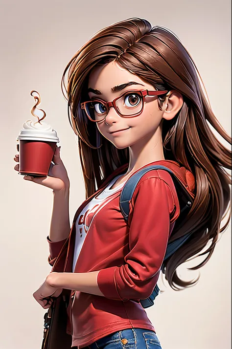 (masterpiece, Highest quality), (1girl, solo, (standing, looking at the viewer, slim body, happy expression )), (girl is teenager, (brown long hair), wearing glasses, carrying a backpack, (holding a cup of coffee ), jeans, (red shirt), big eyes, (well-deta...