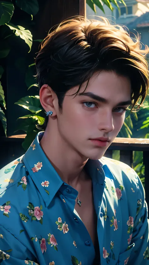 lovely, handsome 18 year old cute, tender and beautiful boy gay image for print most beautiful boy,  extremely beautiful, most handsome, highly details, wearing sharp yellow floral glowing shirt shar blue eye half shot, wearing jewlerys, ear rings chai, ha...