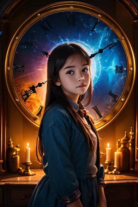 A young beautiful girl looks at a big magic clock hanging on the wall in front of her, magical atmosphere,  highest quality,  high detail 