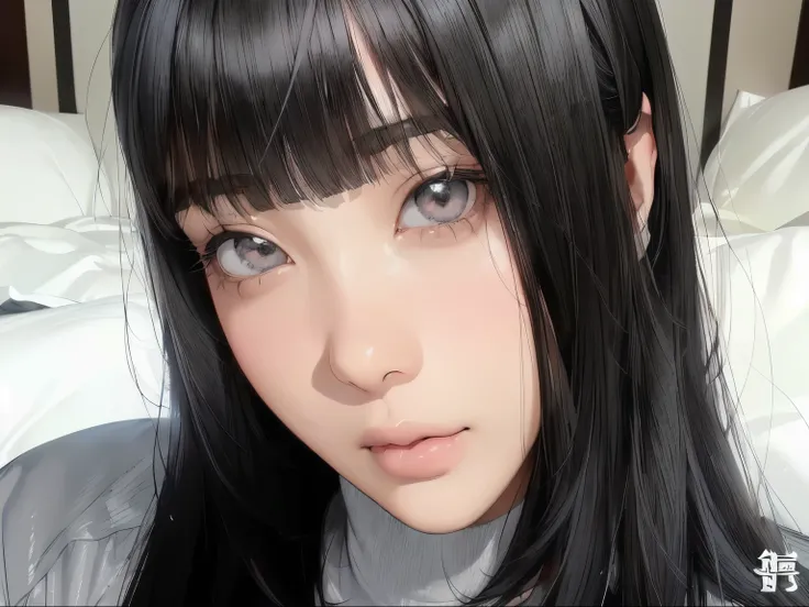 Theres a woman with long black hair and a gray shirt with a turtle collar, black hair and big eyes, natural and cute anime face, ulzzang, Realistic kawaii portrait, black hair hime cut, cute round slanted eyes, light gray eyes, beautiful aesthetic face, sh...