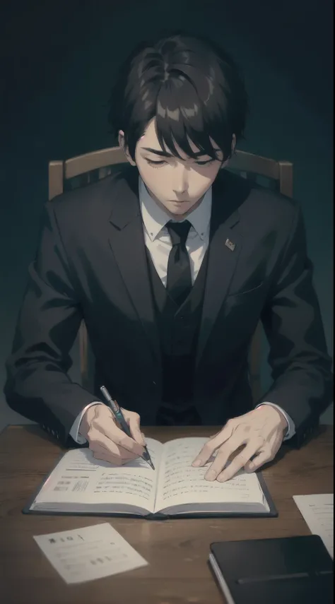 man in black suit writing on notebook detail on lap and his notebook