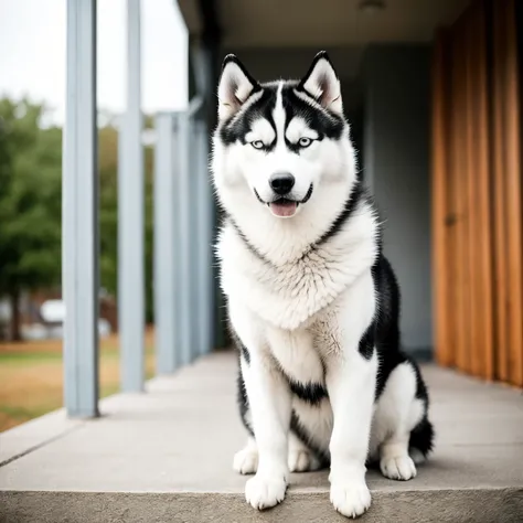 01 Siberian Husky dog in shades of gray sitting in front
With a happy face looking forward to a beautiful day with no leftover dog
