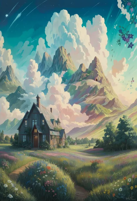 a painting of a house in a field of flowers, field of fantasy flowers, an aesthetic field of flowers, night sky full of flowers, dream scenery art, floweeld, flowery cottage, meadow background, ( colorful ), anime beautiful peace scene, background of flowe...