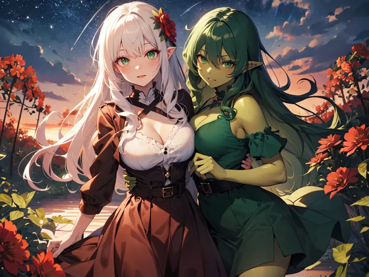 Alone、1 person、Goblin Woman、(Dark green skin:1.5)、(Brown clothes、Brown dress、 brown long skirt )、(Bright green hair,  curly wavy hair, Long Hair, green eyes)、Leave the pose to AI 、 Red flower hair ornament 、Big Breasts、Lipstick Makeup、Eyeshadow Makeup、 poi...