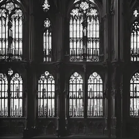 a black and white photo of a church with a large window, gothic building style, gothic interior, gothic architecture, mystical cathedral windows, gothic epic library, dark majestic ornate great hall, gothic influence, gothic library, gothic revival, gothic...