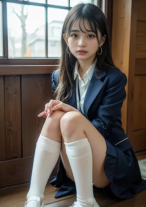 navy blue knee socks　magic mix real、(original photo:1.2)、(photorealsite:1.4)、the beauty of beautiful details　delicate expression...