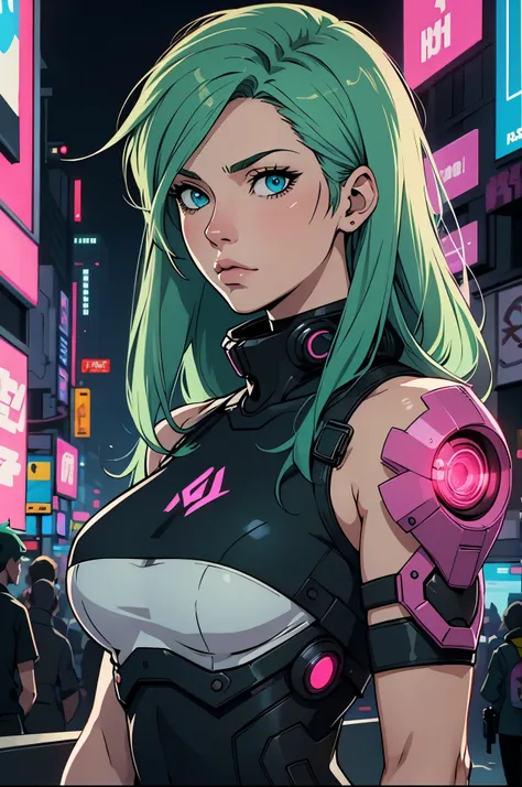 Woman, realistic character, green hair with pink locks, blue eyes, anime, Alone, modern, cyberpunk