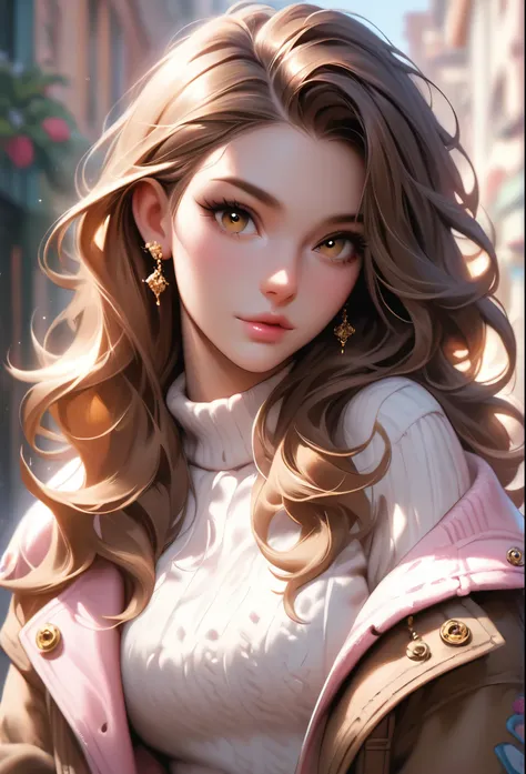 Girl, long straight straight brown hair, golden brown eyes, sharp features, white skin, pink lips, perfect, graceful, sweater, denim jacket
