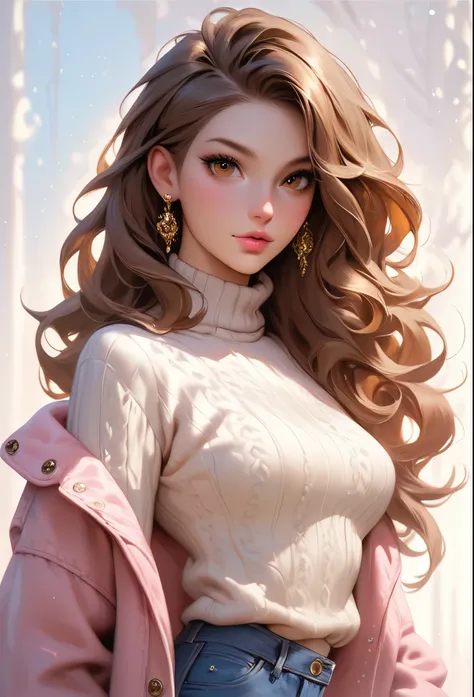 Girl, long straight straight brown hair, golden brown eyes, sharp features, white skin, pink lips, perfect, graceful, sweater, denim jacket