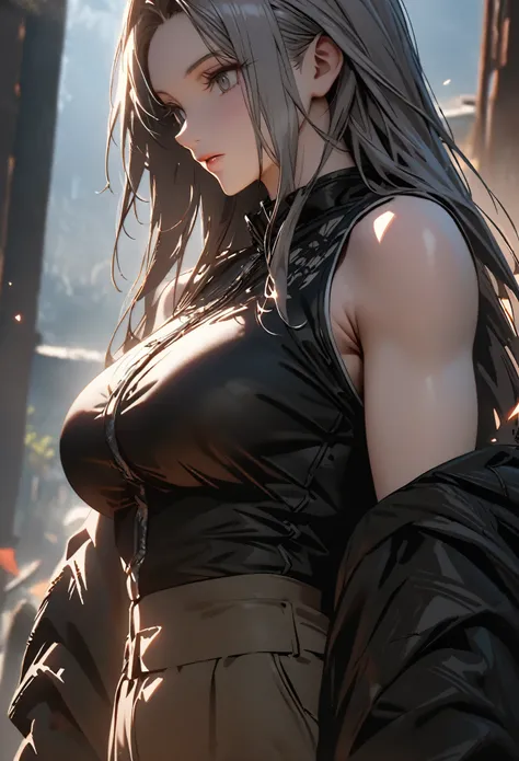 ((solo)), (woman), gray eyes, ((gray hair)), fair skin, long hair, straight hair, (adult), ((old)), ((mature)), strong, tall, broad, muscle, fit, big breasts, a close up of a person, detailed key anime art, casimir art, masamune shiro, masamune, beautiful ...