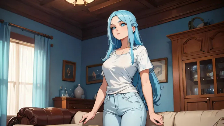 (alone) (detailed) a beautiful woman with long flowing light blue hair and blue eyes,  couch wearing a white t-shirt and light blue pants, A beautiful woman with light blue hair and blue eyes is standing in her house . with some concern on his face.  while...