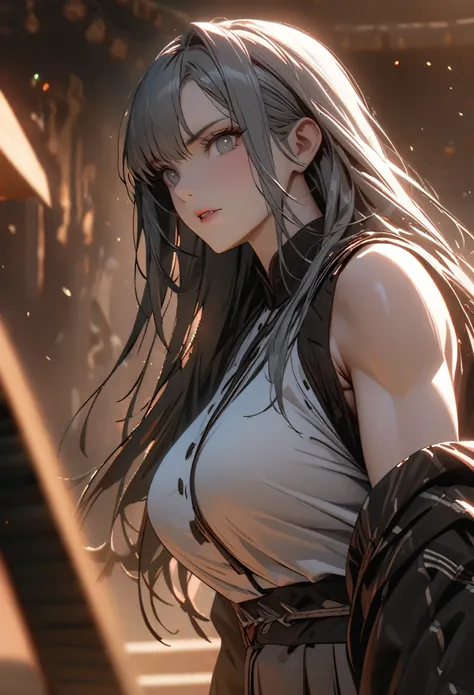 ((solo)), (woman), gray eyes, ((gray hair)), fair skin, long hair, straight hair, (adult), ((old)), ((mature)), strong, tall, broad, muscle, fit, big breasts, a close up of a person, detailed key anime art, casimir art, masamune shiro, masamune, beautiful ...