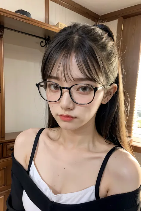 student girl  hairstyle casual, f-cup breats wearing off shoulder collarbone with square glasses with black edges  at house