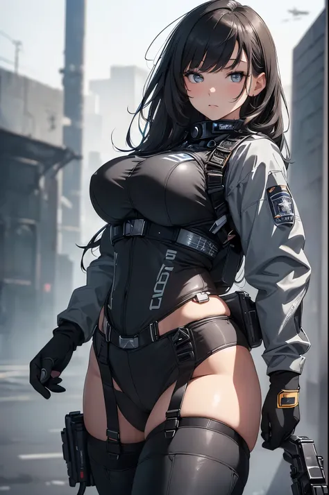 (8K, ARTISTIC (Highest image quality, outstanding details, ultra-high resolution, realism), highly condensed 1 beautiful girl, with a delicate and beautiful face, ((cowboy shot)), (a bit chubby:0.4), (wearing black racing suit likes police uniform, black a...