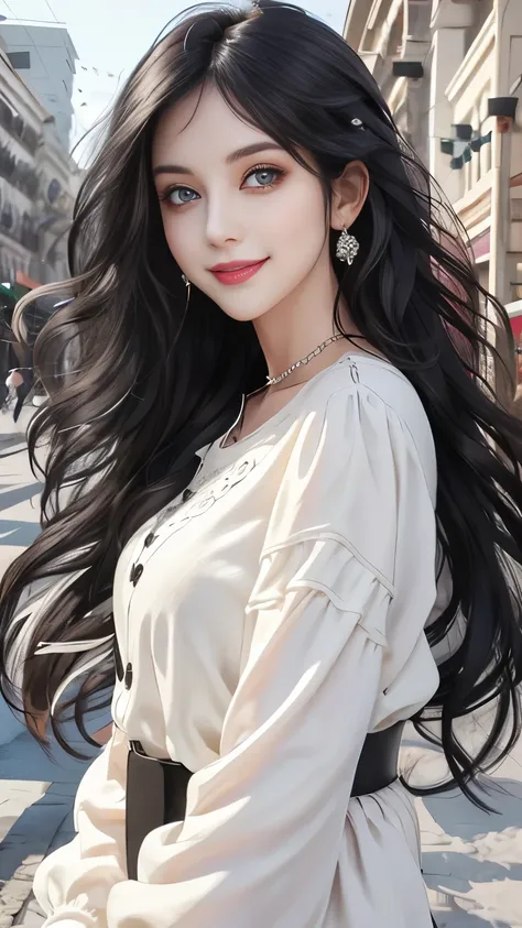 woman, white skin, long black wavy hair, fine eyes and detailed face, Black and white casual outfit, a smile, happiness, tenderness,  high-level image quality, a big face ,  the upper part of the body