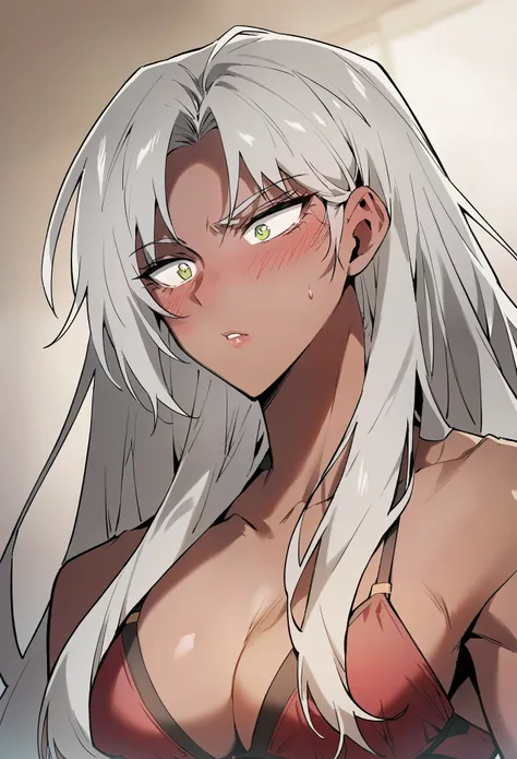 long hair, grey hair, white hair, green eyes, dark skin, yellow eyes, dark-skinned female, parted bangss, blush, ,red bra,red bikini
