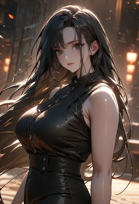 ((solo)), (woman), black eyes, ((black hair)), fair skin, long hair, straight hair, (adult), ((old)), ((mature)), big breasts, thick girl, broad, a close up of a person, detailed key anime art, casimir art, masamune shiro, masamune, beautiful woman in demo...