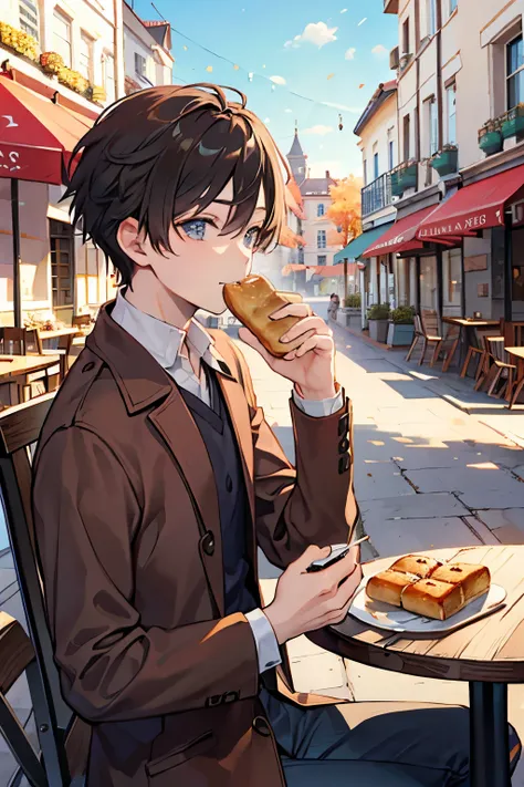 autumn　Boy eating coffee and bread on a cafe terrace　