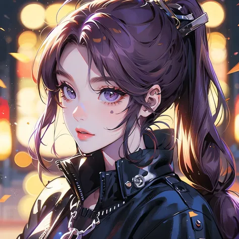 1woman, portrait, bangs, ponytail, charms, brave, purple eyeliner