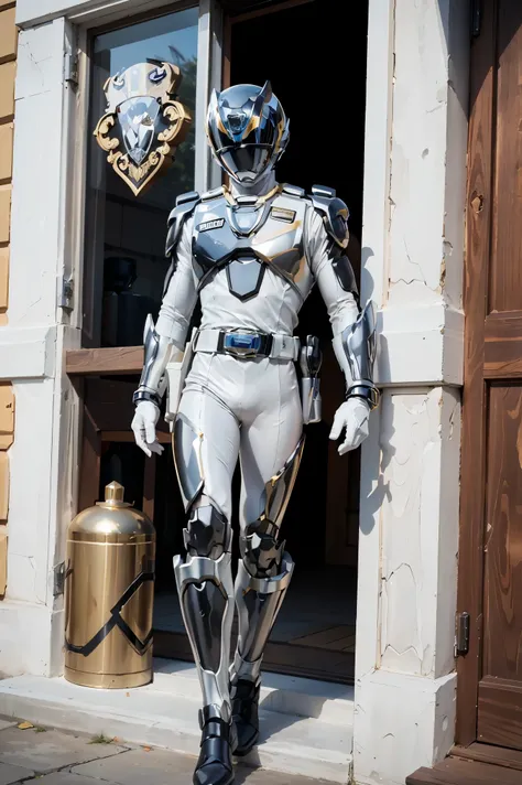 1boy, full body, Illustration, cinematic light, high resolution, best quality, ultra-detailed, masterpiece, power suit, powerranger, suit, spd, (Silver and Gold chest plate), white and gold detail, (((white suit))), ((police theme:1.2))