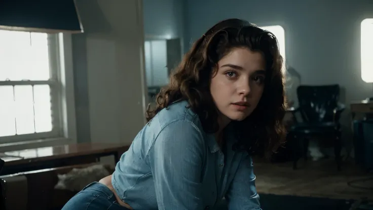  Nancy Thompson from A Nightmare on Elm Street ,  A glamorous actress from the 1950s on a film set ,  in blue jeans and a broken wet white t-shirt that highlights her curves, She has a baseball bat .  Her curly hair moves slightly as she slowly blinks ,  p...