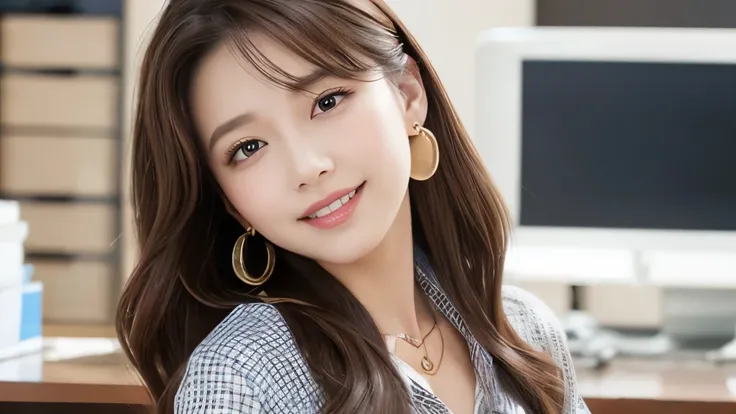 Highest quality、 high res、8K wallpaper、Dense and beautiful eyedium hair、(Beautiful breasts:1.3)、 natural color lips 、Women、Brown Hair、smile、Semi-long hair、Hair tied up、 necklace, and earrings、Im wearing a shirt, tie 、Checked Skirt、workplace、