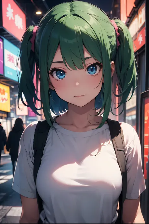 Woman, realistic character, green hair with pink locks, blue eyes, anime, Alone, modern, cyberpunk