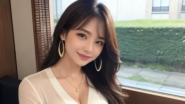 Highest quality、 high res、8K wallpaper、Dense and beautiful eyedium hair、(Beautiful breasts:1.3)、 natural color lips 、25-year-old woman、Brown Hair、smile、Semi-long hair、Hair tied up、 necklace, and earrings、Wearing a black blouse、outside、Blushing、クシャっとしたsmile...