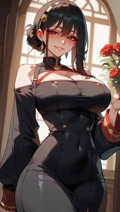 black hair、long and straight hair、red eyes、spy x family、yor forger、mature woman、shiny hair、(big breasts),tight waist、thin waist、...