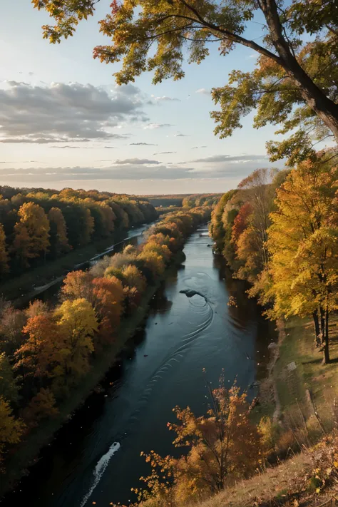 autumn, river bend ,  along the banks of the autumn forest,  view from the top of the hill .