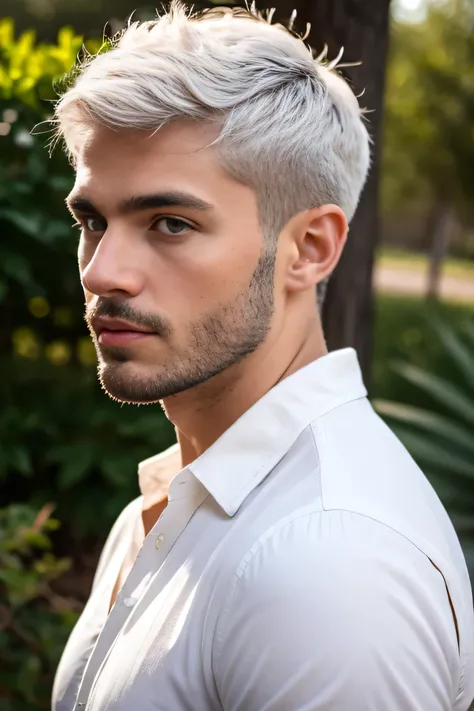 (Original photo,  Best Quality ) , realistic , Handsome man , casual wear,Outdoor
White Shirt Short Hair White Hair