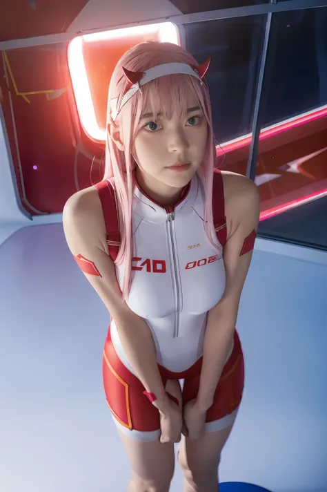 dynamic angle,ultra-detailed, illustration, straight on, 1girl, ((Zero two, interface headband with a pair of horns, red bodysuit:1.4, pink hair)), Her eyes shone like dreamy stars,(glowing eyes:1.233),(beautiful and detailed eyes:1.1),(expressionless, clo...