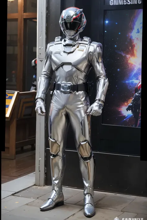 1boy, full body, Illustration, cinematic light, high resolution, best quality, ultra-detailed, masterpiece, power suit, powerranger, suit, spd, (Silver and Gold chest plate), white and gold detail, (((galaxy suit))), ((police theme:1.2))