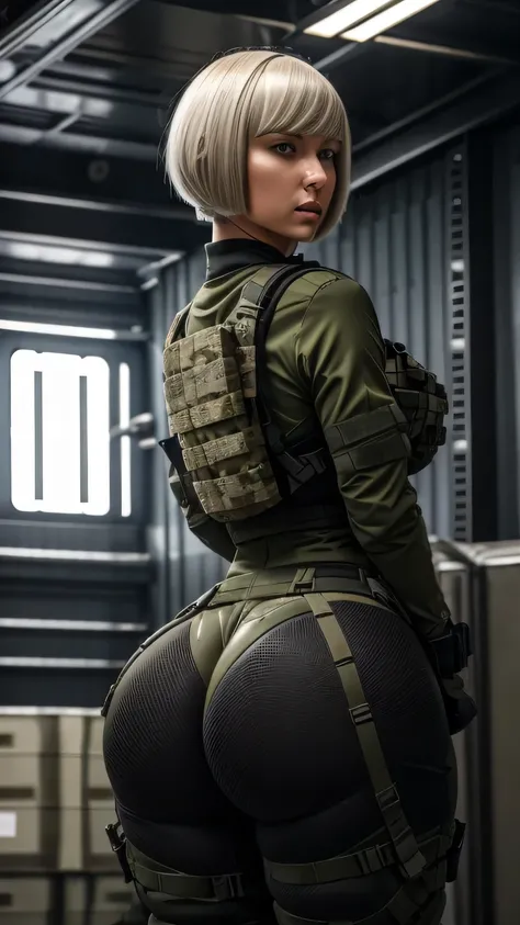 a contractor young girl, white french bob haircut, wearing fully militar camouflage equip, tactical chest rig, ballistic helmet with face shield, fully dressed, sweaty body, focusing on her ass, mega exaggeratedly inflated hips, large hips and extra big as...