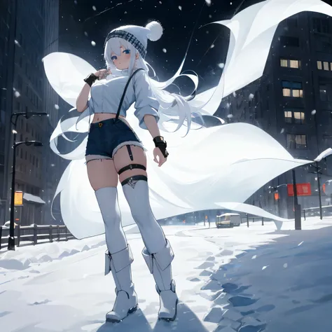 1girl, absurdly white hair, blue eyes, wearing intricate white shirt, denim shorts, city, absurdres, high res, ultrasharp, 8K, masterpiece, looking at viewer, snowing, beanie, thigh strap, large breast, snow boots