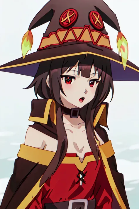 best quality, masterpiece, highres, solo, {megumin_konosuba:1.15}, short_hair, brown_hair, red_eyes, short_hair_with_long_locks, hat, witch_hat, cape, black_hair, open_mouth, 1girl, collar, choker, dress, sidelocks, black_cape, anime_coloring, upper_body, ...