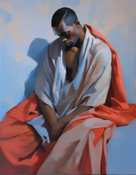 chiaroscuro technique on sensual illustration of an african american man and silky drapes, a thick textured oil painting, impast...