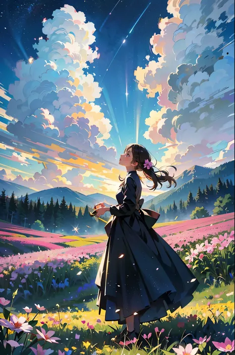 There is a girl Standing in a flower field looking up at the sky, a girl Standing in a flower field, ,  Ive wandered into a dreamy wonderland, Standing in a flower field, Amazing digital painting, The sky gradually cleared, The starry sky is gradually々Movi...