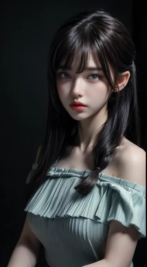 ((Best Quality, 8K, Masterpiece: 1.3)), ((Hasselblad photo)), Fine skin, Clear focus, (Cinematic lighting), Soft lighting, Beautiful woman, (Random Hairstyle: 1.2), Ultra-fine face, Glossy skin, Bangs, Blue Eyes, ((Dark background)), Look at the viewer, Of...