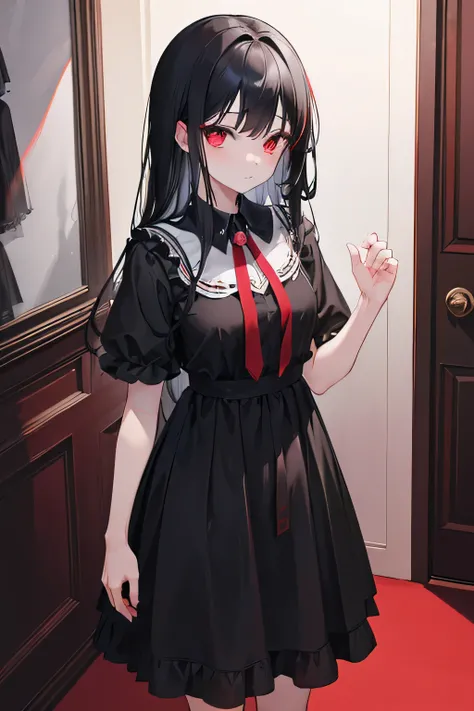 1girl, long black hair, red eyes, wearing black dress, Yandere, Crazy eyes , standing in doorway, high res, ultrasharp, 8K, masterpiece, looking at viewer