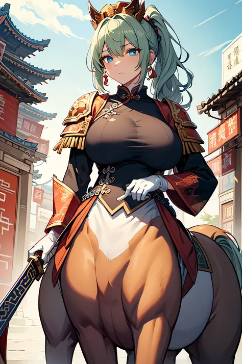 4K, high res,One Woman,Centaur,White green hair, long ponytail,Blue Eyes,Brown fur,Huge boobs,Ancient Chinese Generals, White Ancient Chinese Armor ,Sideboob,Full Armor,Heavy Armor,Sleeveless, White Armor Long Gloves,ancient chinese crown,Holy Sword,Jewelr...