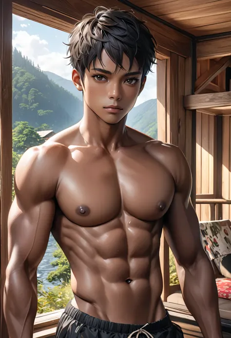 (solo idol japanese african black boy:1.4), abs, Black short Hair, detailed Black Eyes, (dark skin:1.5), topless, (detailed nipples), black thong,best quality, 4k, 8k, highres, (masterpiece:1.2), ultra-detailed, (photo realistic,:1.37), looking at viewer, ...